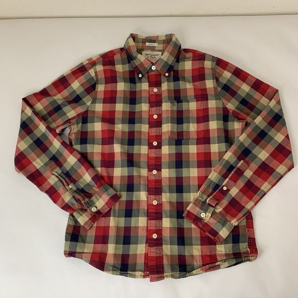 Abercrombie Fitch Men L Muscle Fit Red Green Check Plaid Preppy Holiday Dad Norm - Picture 1 of 7